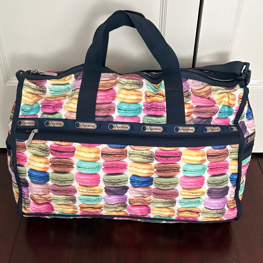 LeSportsac Multicolor Macaron Print Travel Bag with Navy Trim